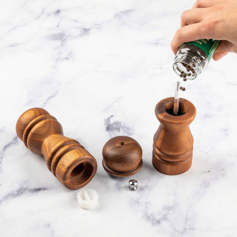 slide 4 of 4, 2pc Acacia Turned Salt Shaker and Pepper Grinder Set - Threshold™: Brown Spice Mills, 5.43" Height, 61 Volume Capacity, 2 ct