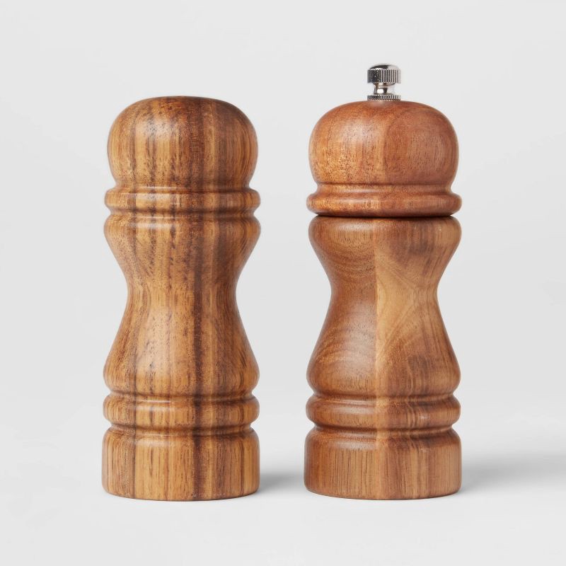 slide 1 of 4, 2pc Acacia Turned Salt Shaker and Pepper Grinder Set - Threshold™: Brown Spice Mills, 5.43" Height, 61 Volume Capacity, 2 ct