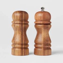 2pc Acacia Turned Salt Shaker and Pepper Grinder Set - Threshold™: Brown Spice Mills, 5.43" Height, 61 Volume Capacity