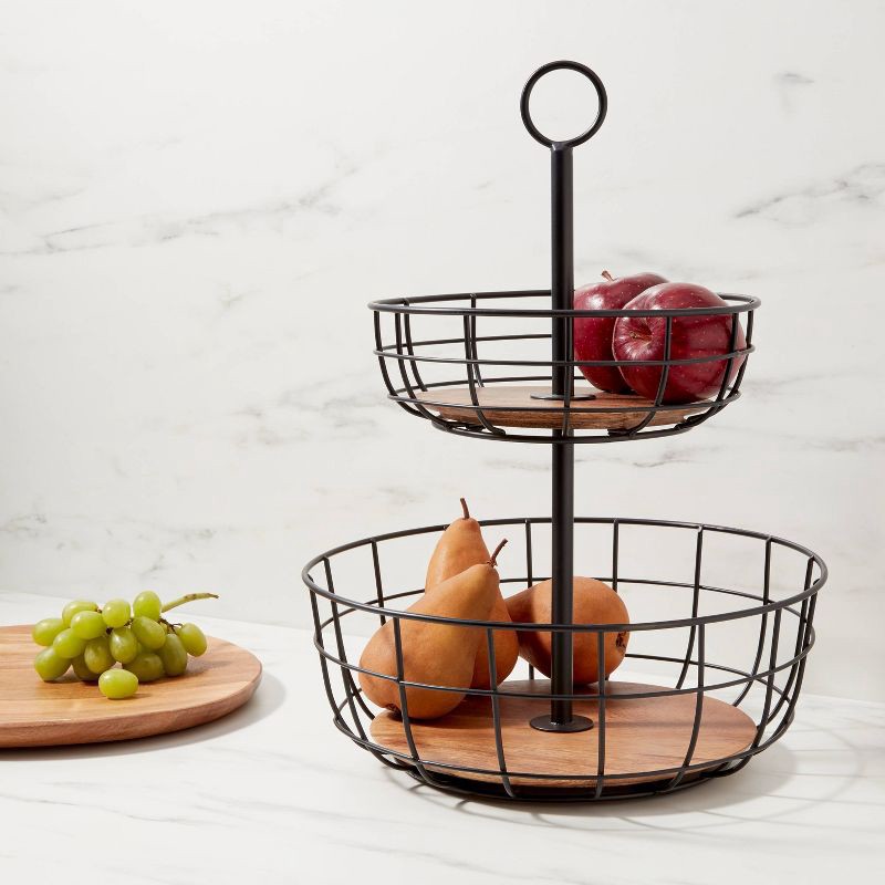slide 2 of 3, Iron and Mangowood Wire 2-Tier Fruit Basket Black - Threshold™: Traditional Round Produce Holder, Mango Wood & Iron, 1 ct