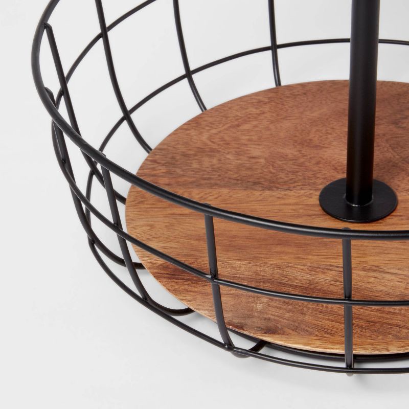 slide 3 of 3, Iron and Mangowood Wire 2-Tier Fruit Basket Black - Threshold™: Traditional Round Produce Holder, Mango Wood & Iron, 1 ct