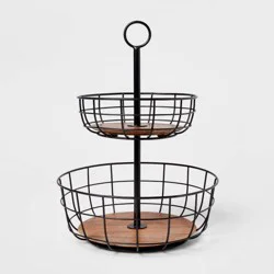 Iron and Mangowood Wire 2-Tier Fruit Basket Black - Threshold™: Traditional Round Produce Holder, Mango Wood & Iron