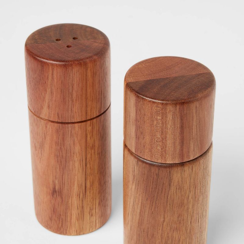 slide 3 of 5, 2pc Acacia Round Salt Shaker & Pepper Grinder Set - Threshold™: Brown Spice Mills, 5" Height, 63 Volume Capacity, 2 ct
