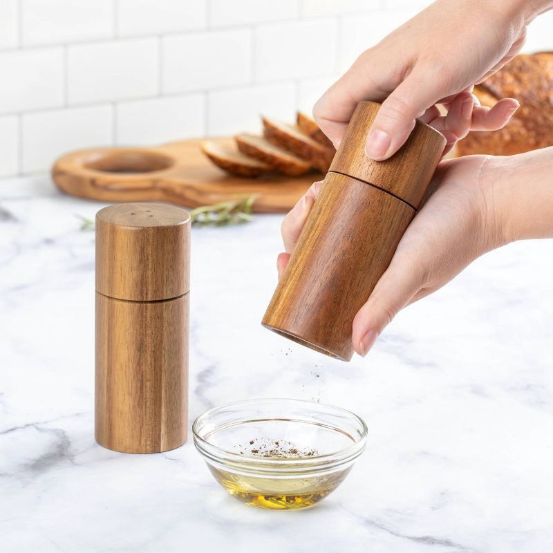 slide 4 of 5, 2pc Acacia Round Salt Shaker & Pepper Grinder Set - Threshold™: Brown Spice Mills, 5" Height, 63 Volume Capacity, 2 ct