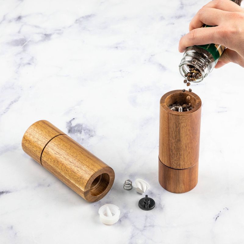 slide 5 of 5, 2pc Acacia Round Salt Shaker & Pepper Grinder Set - Threshold™: Brown Spice Mills, 5" Height, 63 Volume Capacity, 2 ct