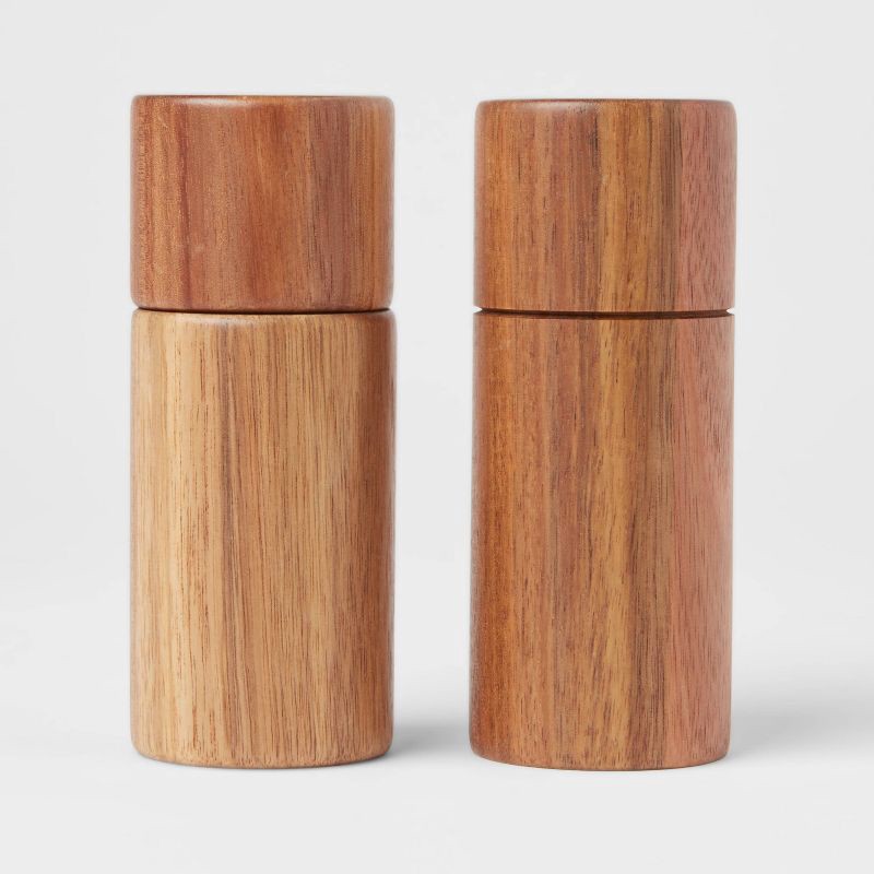 slide 1 of 5, 2pc Acacia Round Salt Shaker & Pepper Grinder Set - Threshold™: Brown Spice Mills, 5" Height, 63 Volume Capacity, 2 ct
