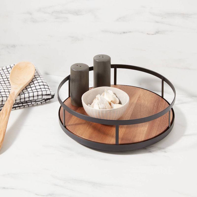 slide 2 of 3, Wood Round Lazy Susan Spice Rack - Threshold™: Revolving Kitchen Organizer, Freestanding Black Wood & Metal, 1 ct