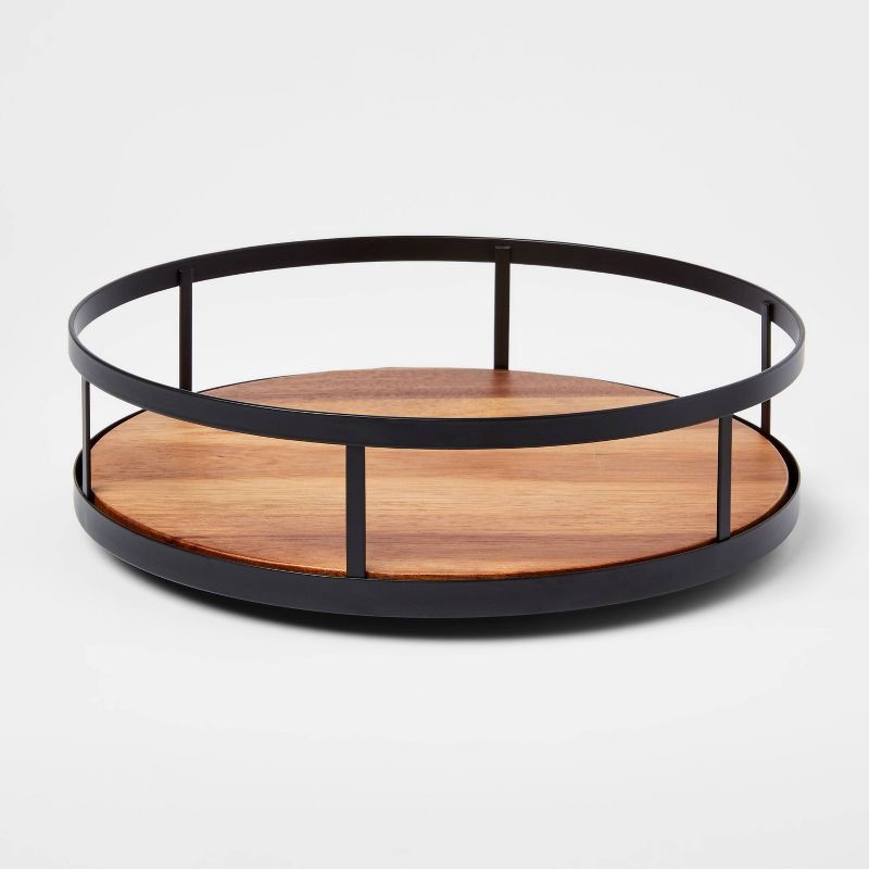 slide 1 of 3, Wood Round Lazy Susan Spice Rack - Threshold™: Revolving Kitchen Organizer, Freestanding Black Wood & Metal, 1 ct