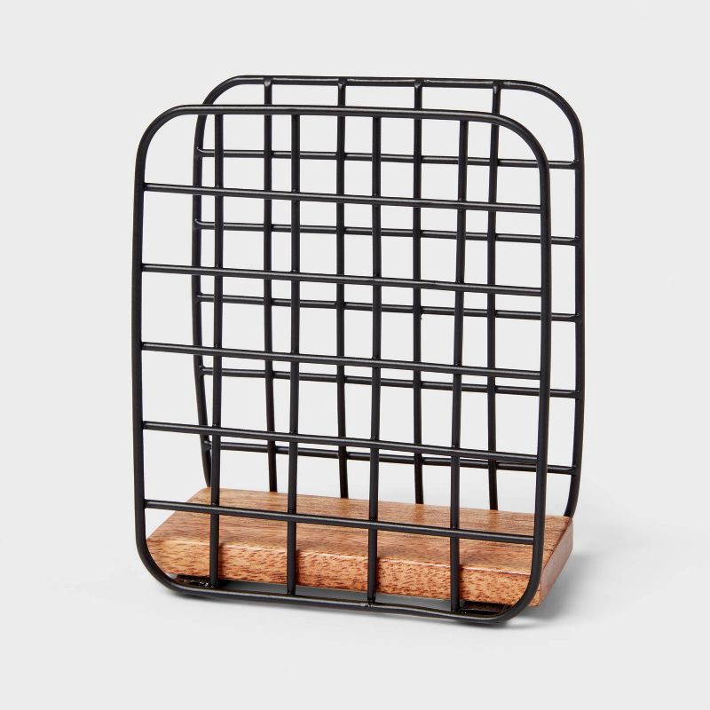 slide 1 of 3, Iron and Mangowood Wire Napkin Holder Black - Threshold™: Freestanding Tabletop Kitchen Holder, Spot Clean, 1 ct