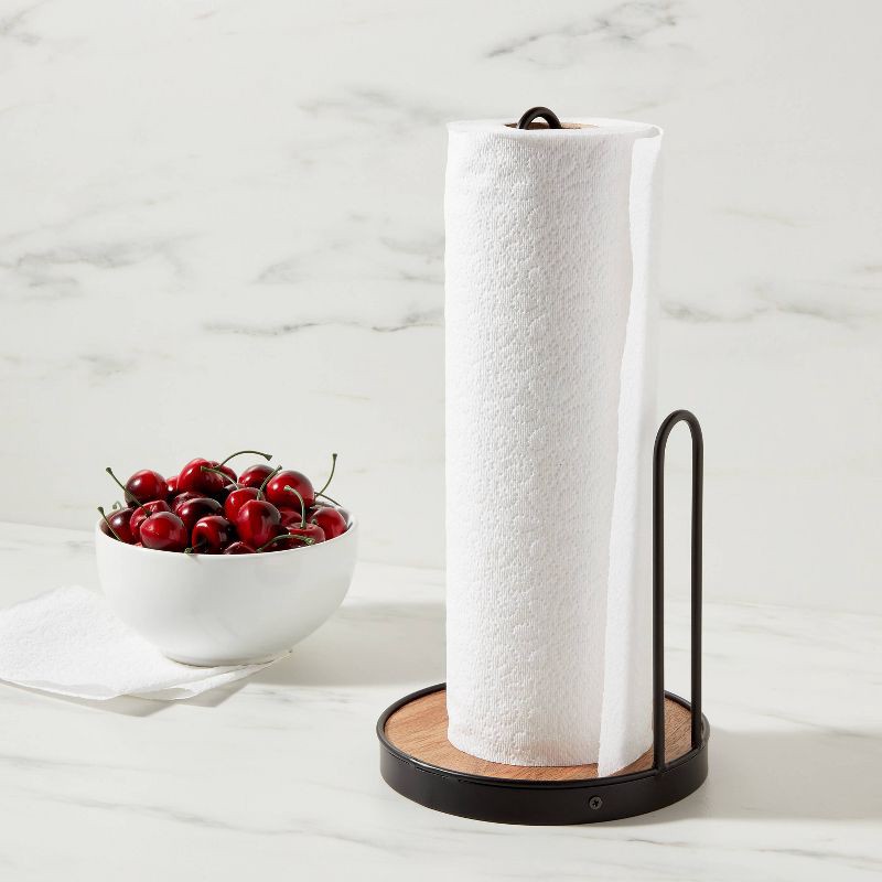 slide 2 of 3, Iron and Mangowood Wire Paper Towel Holder Black - Threshold™: Freestanding Kitchen Napkin Holder, 1 ct