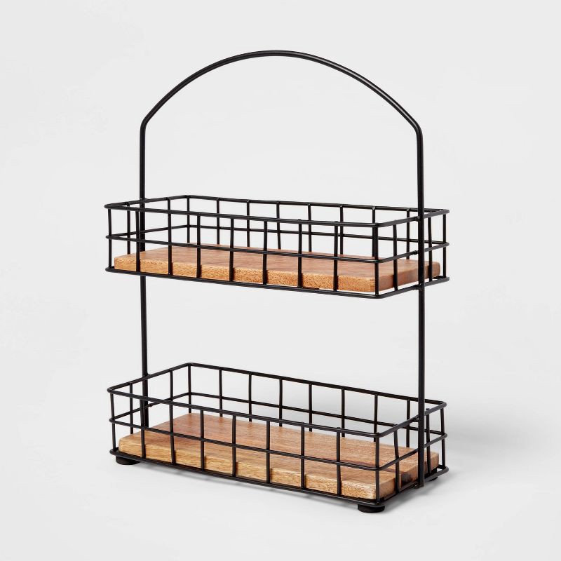 slide 3 of 3, Iron and Mangowood 2-Tier Wire Spice Rack Black - Threshold™: Spice Organizer, Freestanding Kitchen Rack, 1 ct