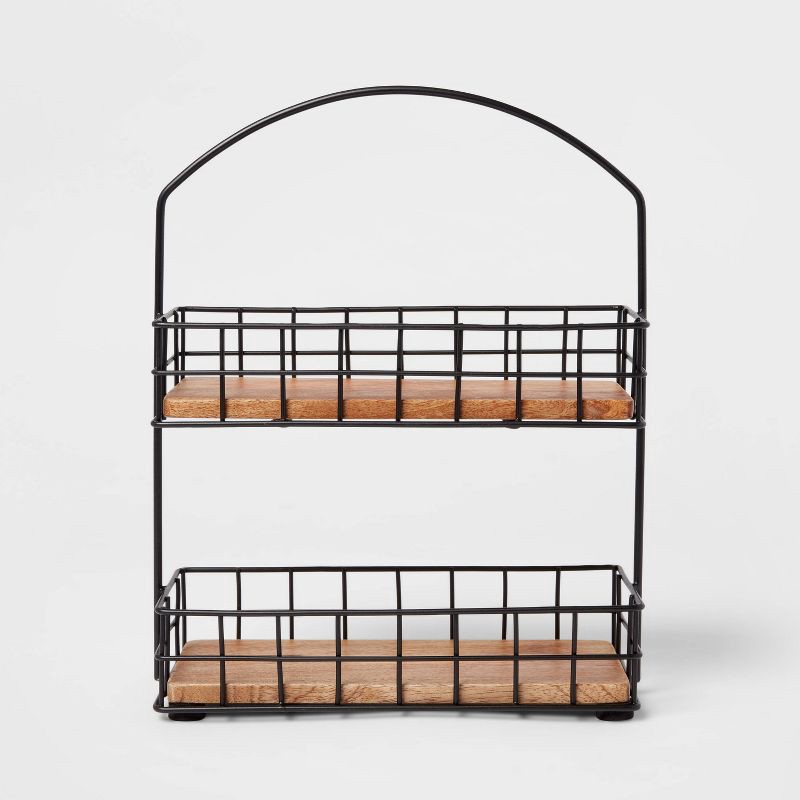 slide 1 of 3, Iron and Mangowood 2-Tier Wire Spice Rack Black - Threshold™: Spice Organizer, Freestanding Kitchen Rack, 1 ct