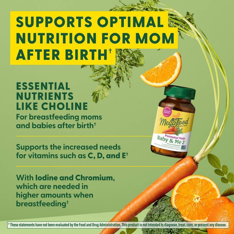 slide 4 of 7, MegaFood Baby & Me 2 Postnatal with Choline, Folate & Iron Multivitamin Vegetarian Tablets - 60ct, 60 ct