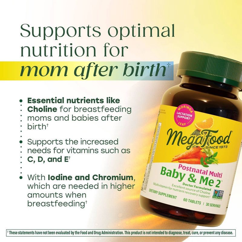 slide 4 of 10, MegaFood Baby & Me 2 Postnatal with Choline, Folate & Iron Multivitamin Vegetarian Tablets - 60ct, 60 ct