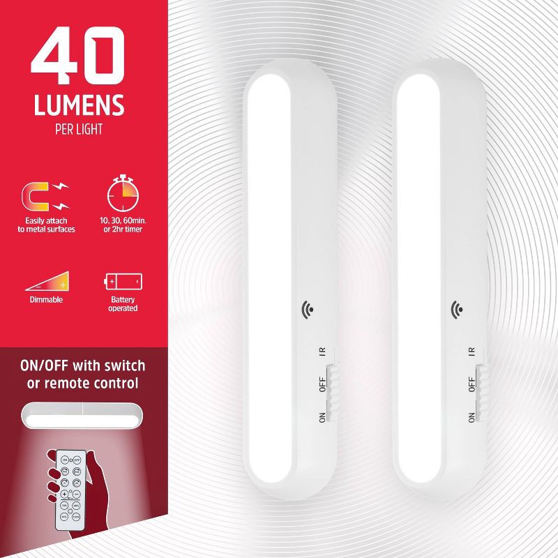 slide 10 of 10, Energizer 2pk Battery Operated LED Mini Light Bar with IR Remote: Stick-On, Remote Controlled, 4-Way Light Settings, 2 ct