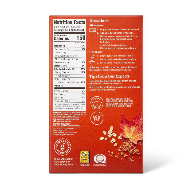 slide 3 of 3, Organic Maple Brown Sugar Instant Oatmeal Packets - 11.28oz/8ct - Good & Gather™, 11.28 oz, 8 ct