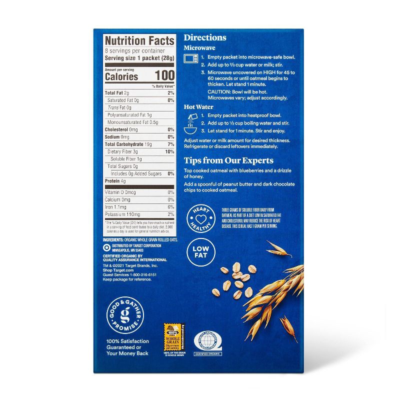 slide 3 of 4, Organic Plain Instant Oatmeal Packet - 7.9oz/8ct - Good & Gather™, 8 ct; 7.9 oz