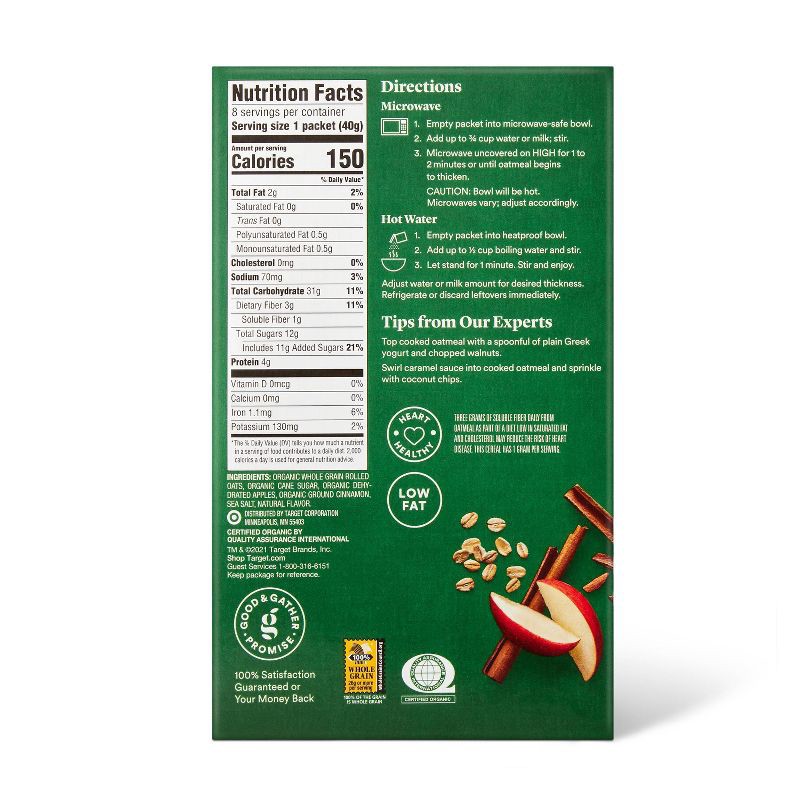 slide 3 of 3, Organic Apple Cinnamon Instant Oatmeal Packets - 11.28oz/8ct - Good & Gather™, 11.28 oz, 8 ct