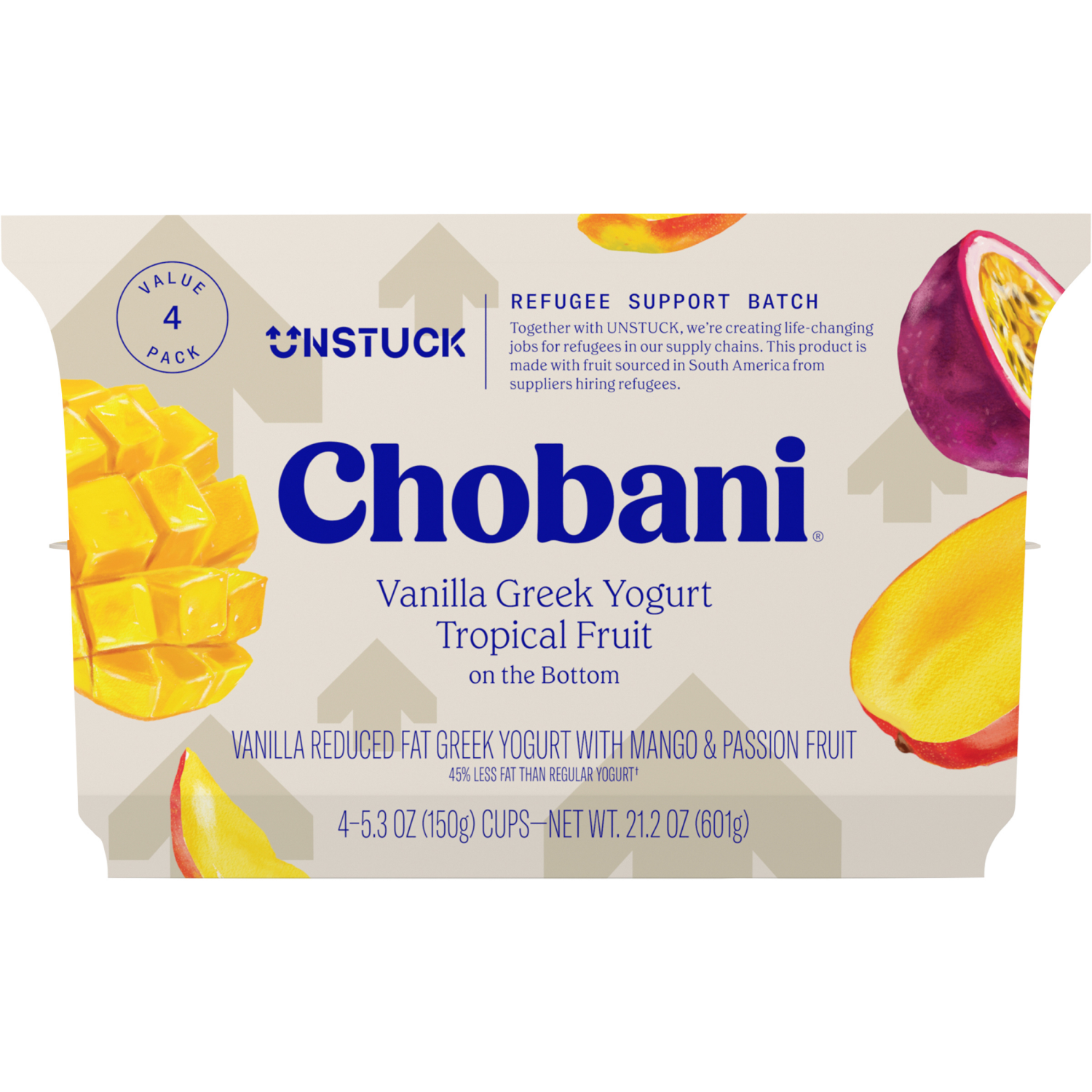 slide 3 of 5, Chobani Yogurt, Low-Fat, Vanilla Greek, Tropical Fruit on the Bottom, 4 Value Pack, 4 ct