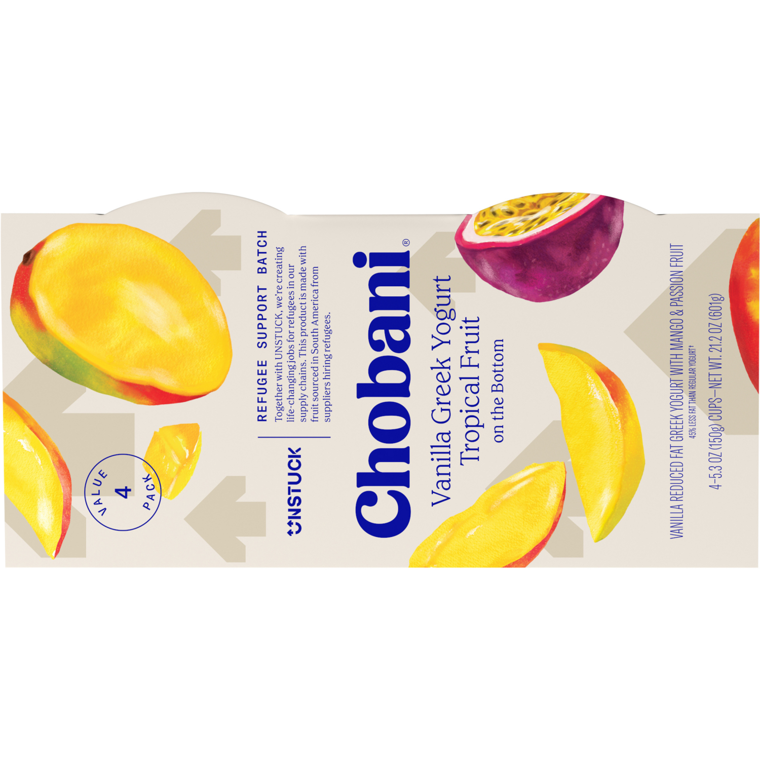 slide 4 of 5, Chobani Yogurt, Low-Fat, Vanilla Greek, Tropical Fruit on the Bottom, 4 Value Pack, 4 ct