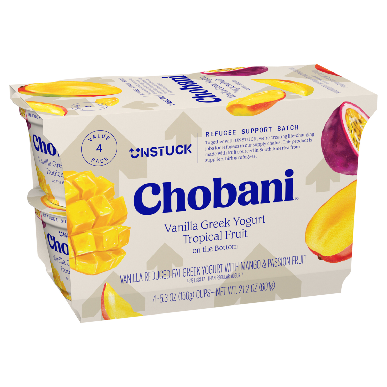 slide 5 of 5, Chobani Yogurt, Low-Fat, Vanilla Greek, Tropical Fruit on the Bottom, 4 Value Pack, 4 ct