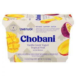 Chobani Yogurt, Low-Fat, Vanilla Greek, Tropical Fruit on the Bottom, 4 Value Pack