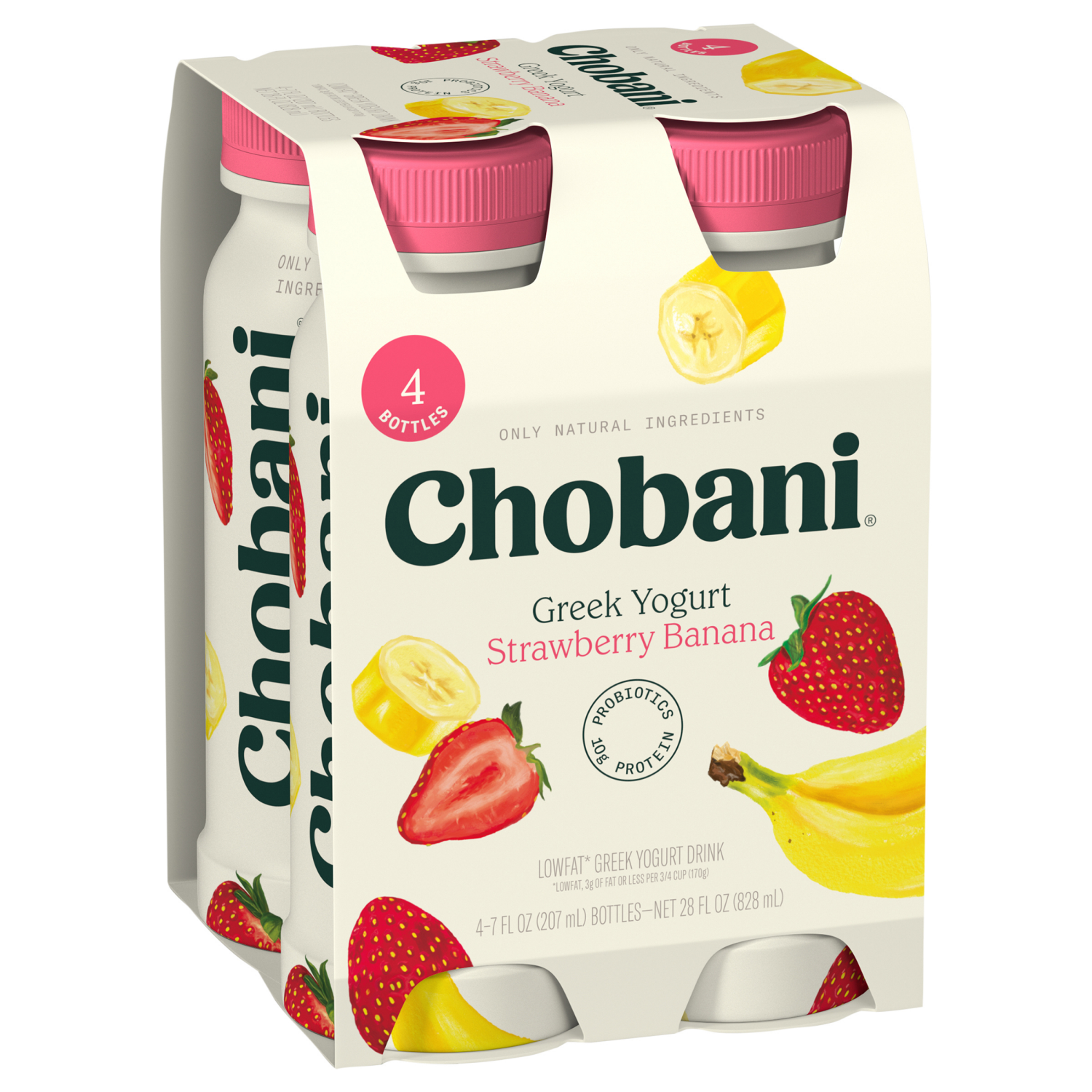 slide 5 of 5, Chobani Yogurt Drink, Greek, Lowfat, Strawberry Banana, 4 ct