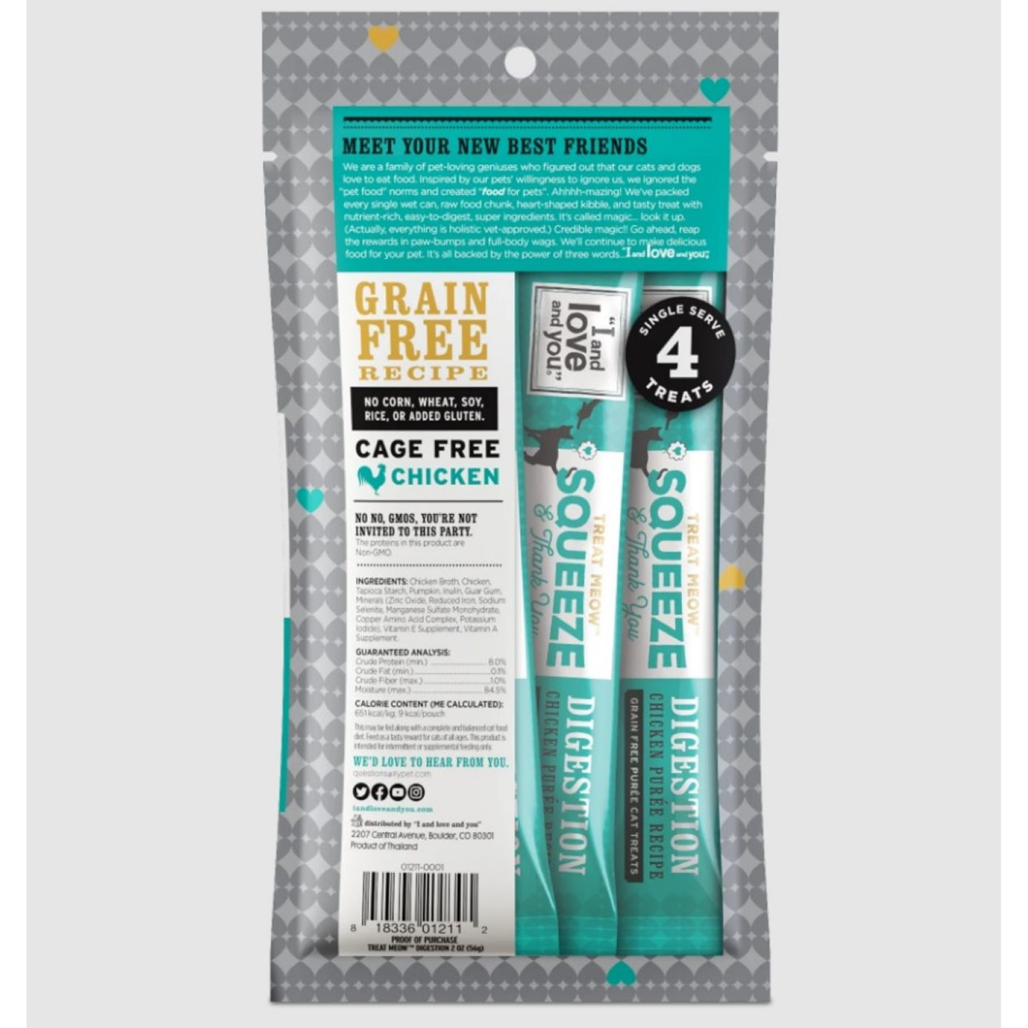 slide 2 of 2, I and Love and You Treat Meow Chicken Puree Recipe Cat Treats 4 - 0.5 oz Pouches, 2 oz