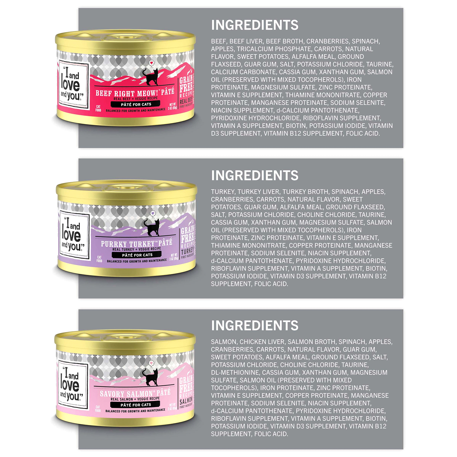 slide 3 of 5, I and Love and You "I and love and you" Naked Essentials Canned Wet Cat Food, Pate Variety Pack (Beef, Salmon, Turkey), Grain Free, Real Meat, No Fillers, 3 oz Cans, Pack of 12 Cans, 12 ct