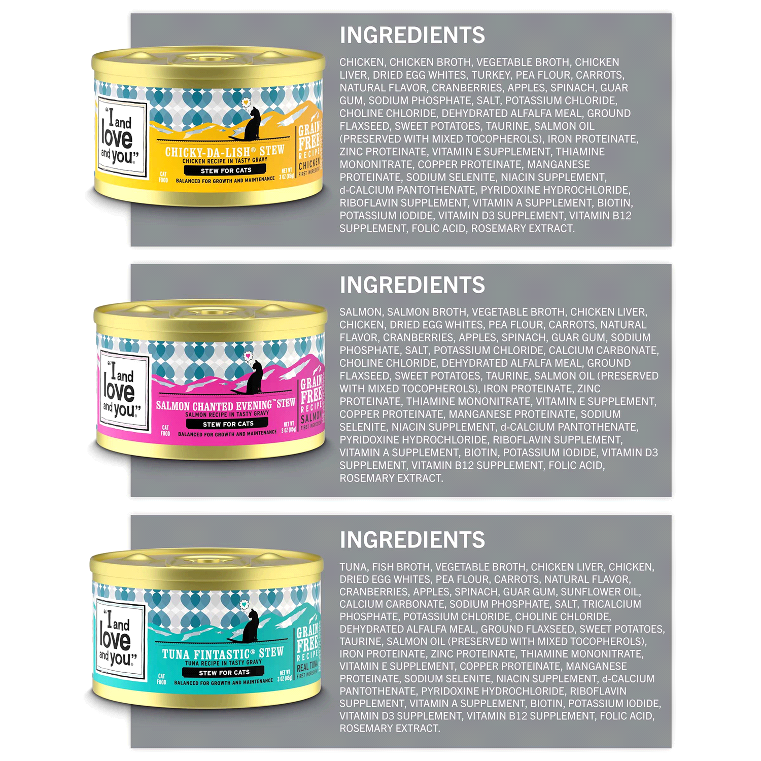 slide 3 of 5, I and Love and You Grain Free Recipe Ninja Cat Jiu Jit Stew Holistic Food for Cats Stew Variety Pack 12 - 3 oz Cans, 12 ct