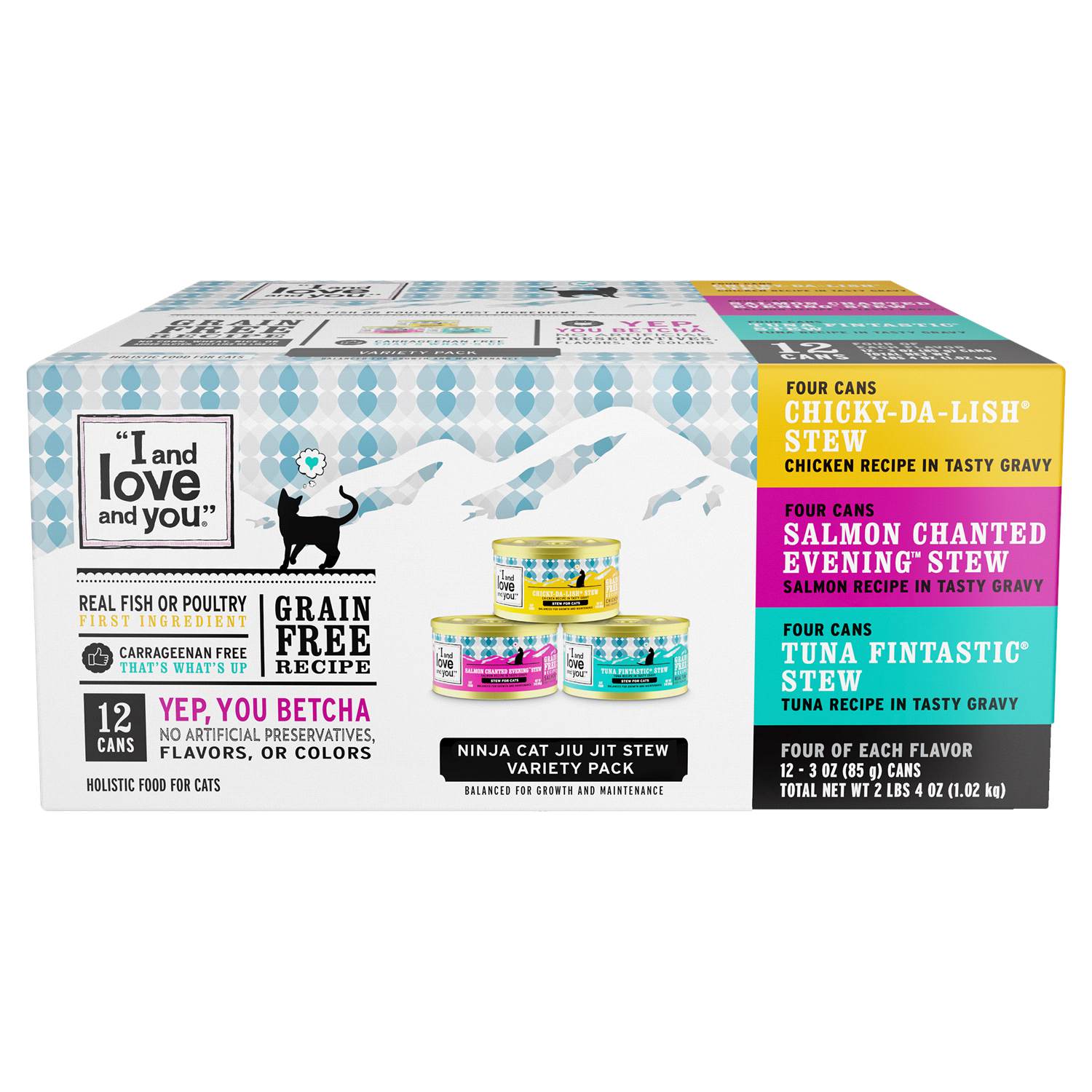 slide 1 of 5, I and Love and You Grain Free Recipe Ninja Cat Jiu Jit Stew Holistic Food for Cats Stew Variety Pack 12 - 3 oz Cans, 12 ct
