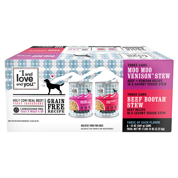 slide 27 of 29, I and Love and You Multipack Beef Booyah Stew & Moo Moo Venison Stew Wet Dog Food - 78oz/6pk, 6 ct; 13 oz