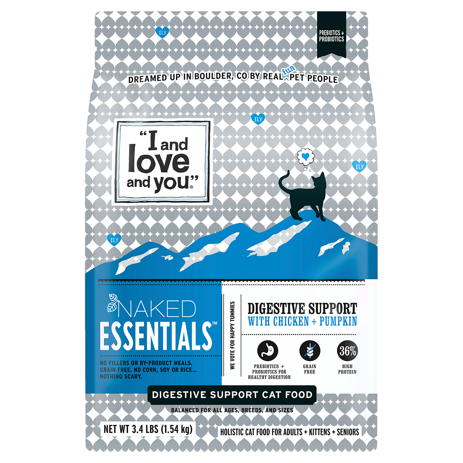 slide 1 of 5, I and Love and You "I and love and you" Naked Essentials Dry Cat Food, Digestive Support Chicken and Pumpkin Recipe, Grain Free, Real Meat, No Fillers, 3.4 lb Bag, 3.4 lb