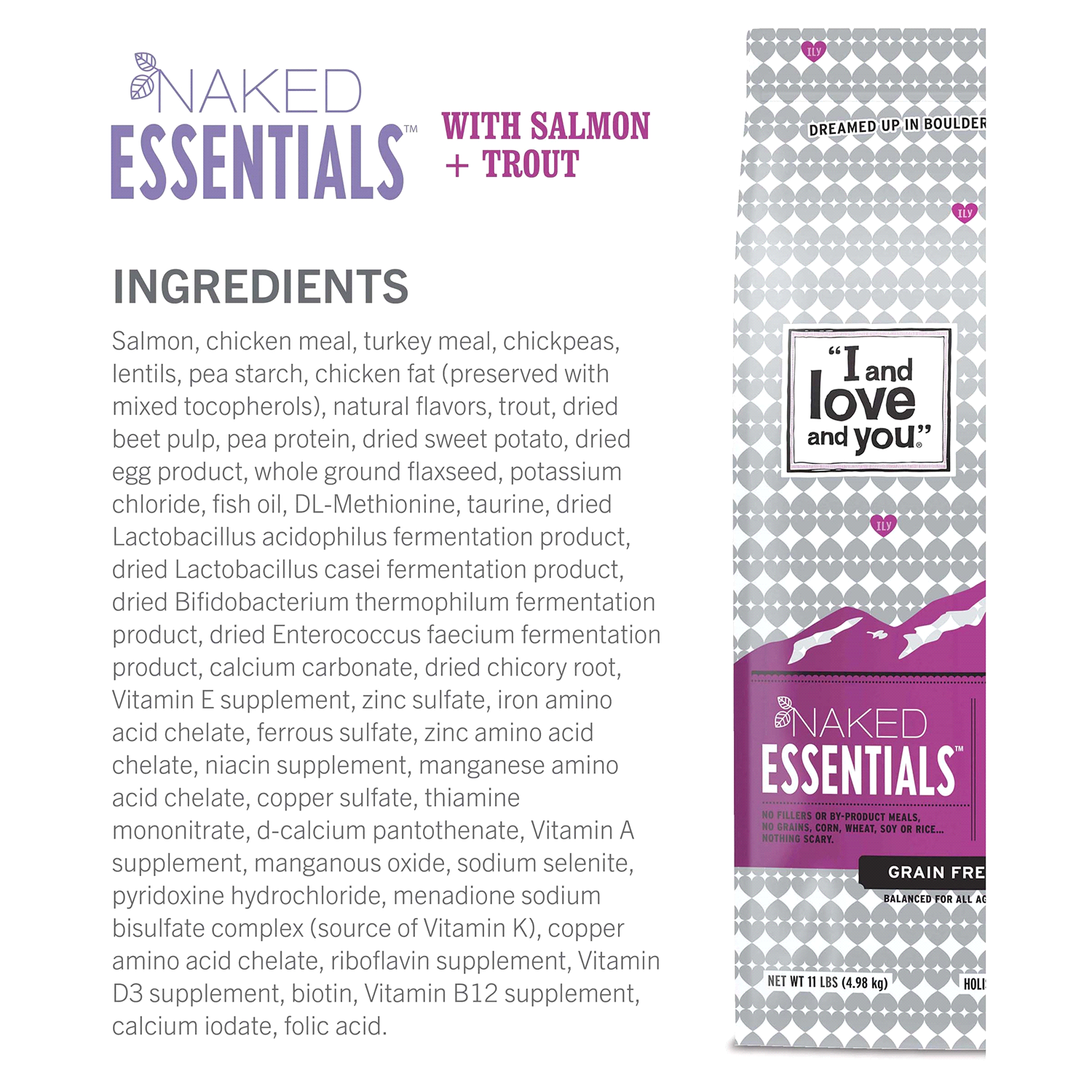 slide 2 of 5, I and Love and You Naked Essentials Grain Free with Salmon + Trout Holistic Cat Food 11 lb, 11 lb