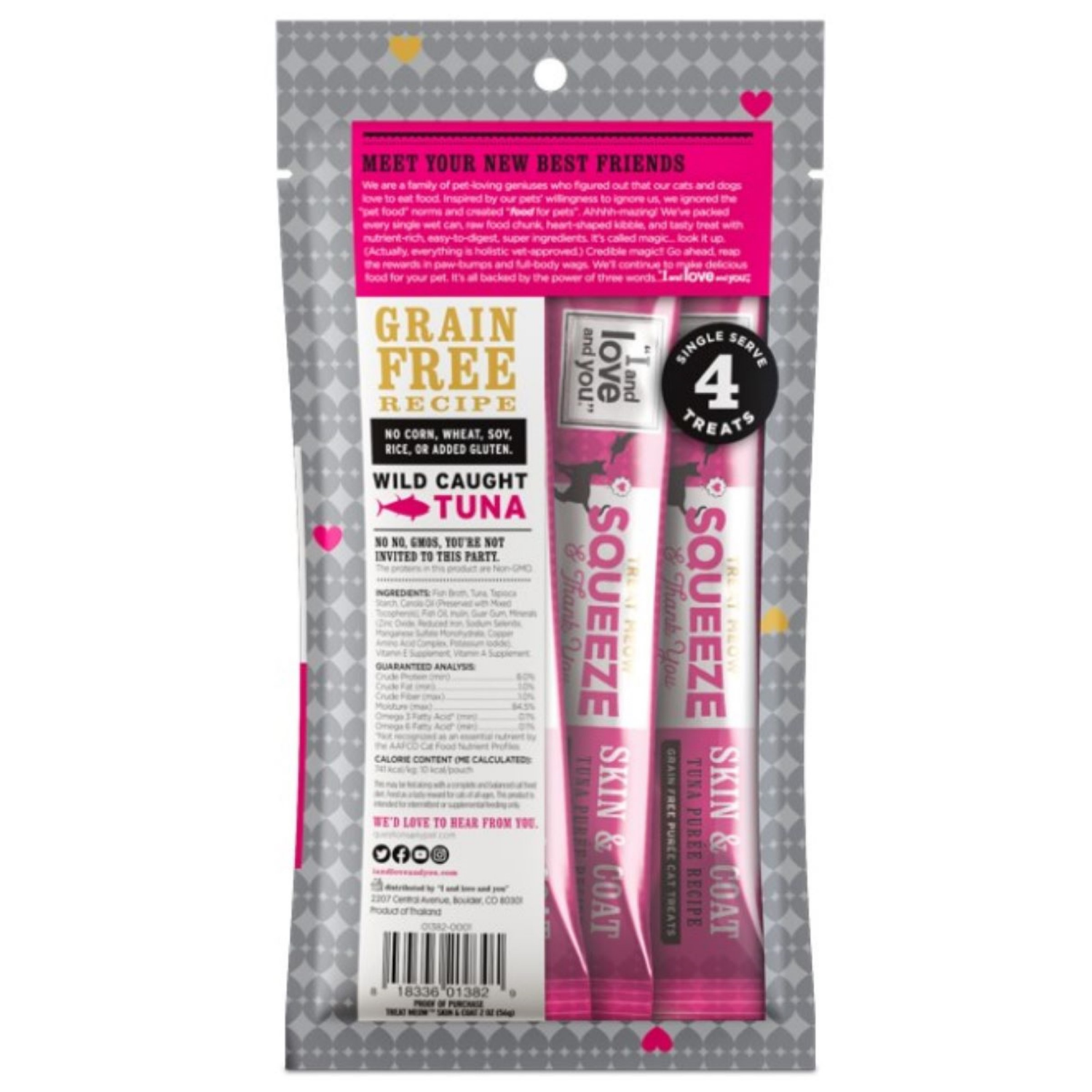 slide 2 of 2, I and Love and You Treat Meow Squeeze & Thank You Skin & Coat Support Tuna Puree Recipe Cat Treats 4 - 0.5 oz Pouches, 4 ct