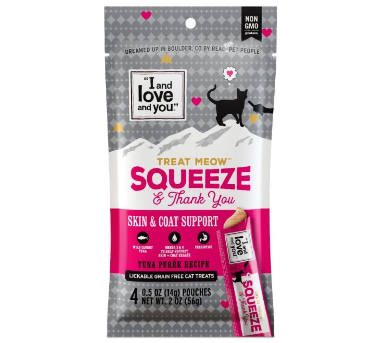 slide 1 of 2, I and Love and You Treat Meow Squeeze & Thank You Skin & Coat Support Tuna Puree Recipe Cat Treats 4 - 0.5 oz Pouches, 4 ct