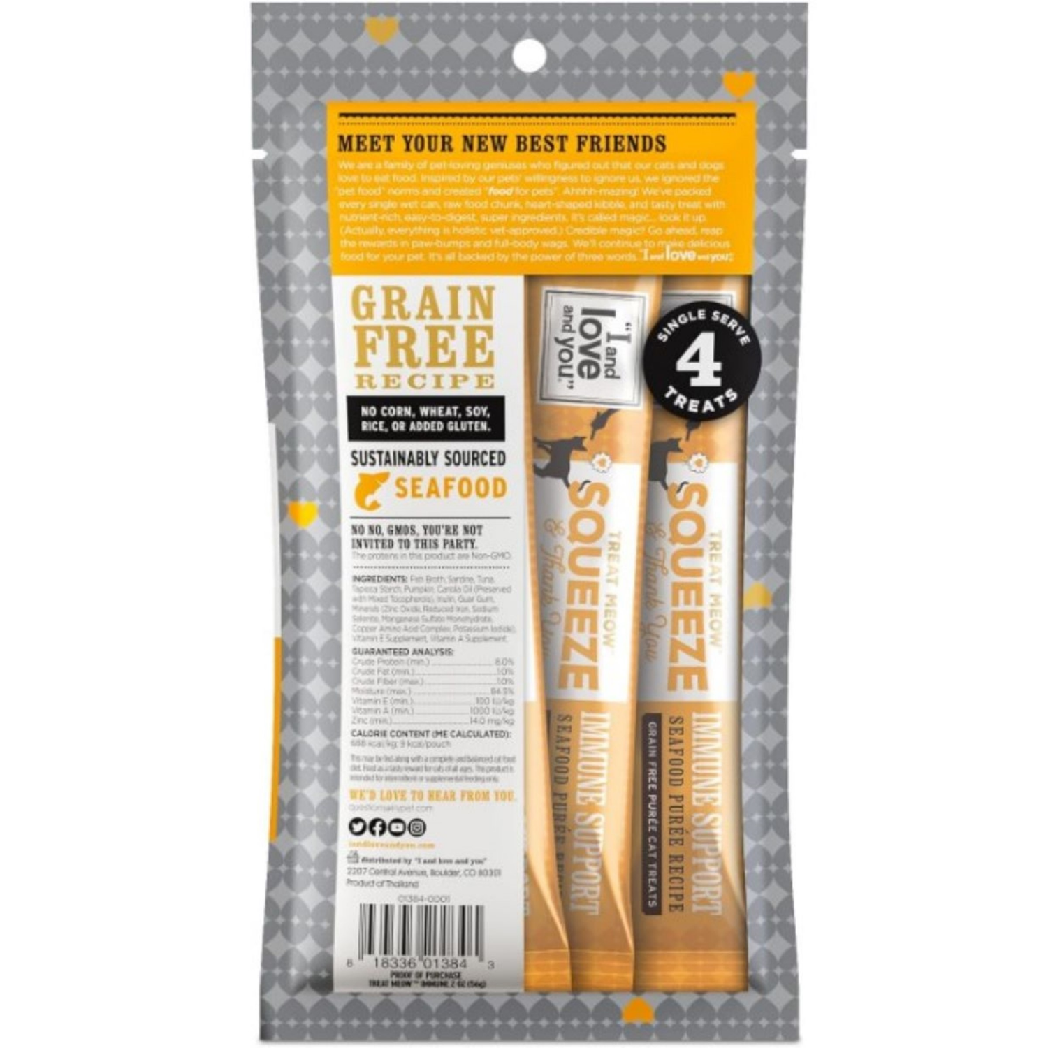 slide 2 of 2, I and Love and You Treat Meow Squeeze & Thank You Immune Support Seafood Puree Cat Treats 4 - 0.5 oz Pouches, 2 oz