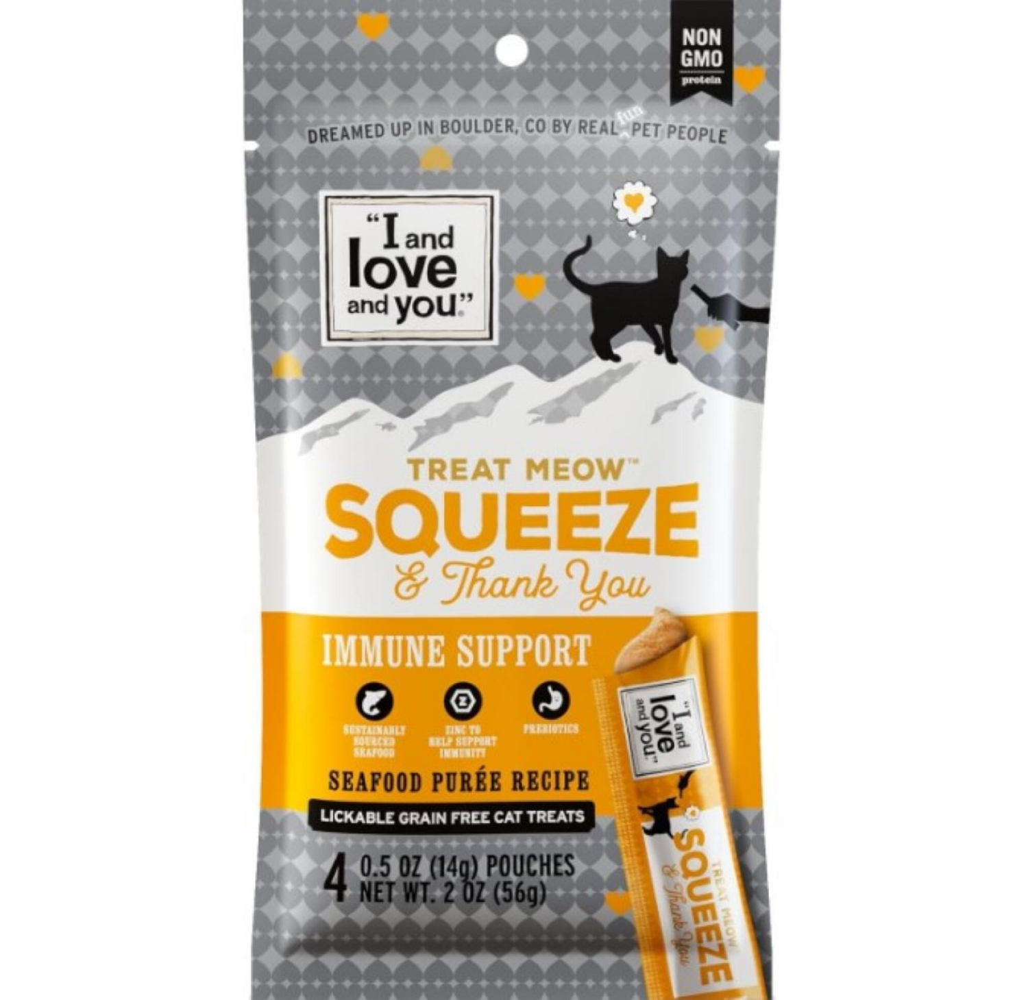 slide 1 of 2, I and Love and You Treat Meow Squeeze & Thank You Immune Support Seafood Puree Cat Treats 4 - 0.5 oz Pouches, 2 oz
