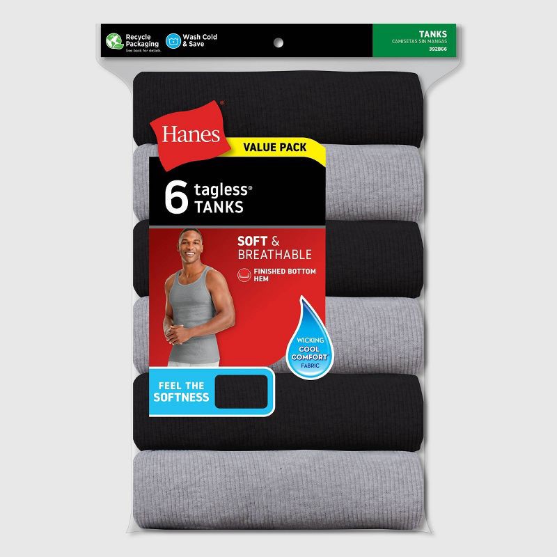 slide 2 of 9, Hanes Men's Ribbed Moisture-Wicking Tank Top Undershirt 6pk - Gray/Black M: Tagless, Breathable, 6 ct