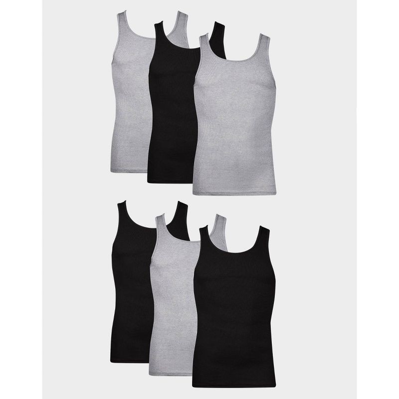 slide 1 of 9, Hanes Men's Ribbed Moisture-Wicking Tank Top Undershirt 6pk - Gray/Black M: Tagless, Breathable, 6 ct
