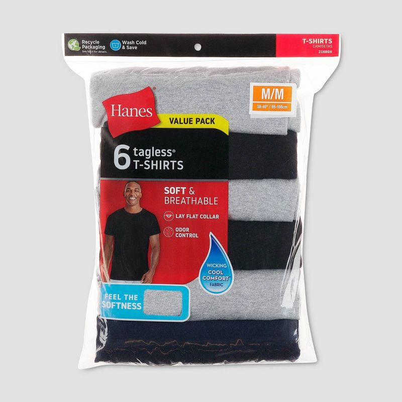 slide 6 of 8, Hanes Red Label Men's Crew Neck Dyed T-Shirt 6pk - Black/Gray/Blue M: Tagless, Moisture Wicking, 6 ct