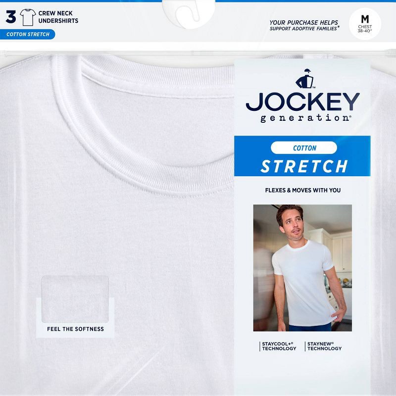 slide 3 of 5, Jockey Generation™ Men's Cotton Stretch Crew Neck 3pk Undershirt - White XL: Short Sleeve, Below Hip Length, 3 ct