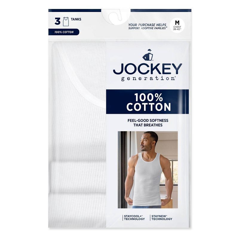 slide 4 of 6, Jockey Generation™ Men's 100% Cotton Tank 3pk - White M: Tailored Fit, Heavyweight Knit, Scoopneck, 3 ct