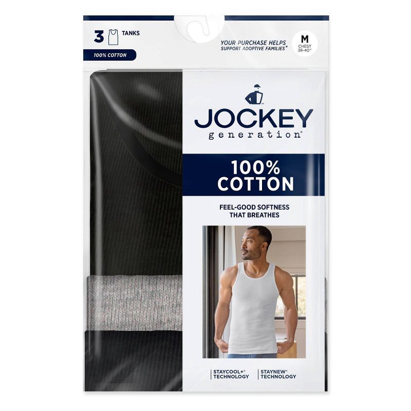 slide 4 of 5, Jockey Generation™ Men's 100% Cotton Tank 3pk - Black/Gray S: Sleeveless Ribbed Undershirts, Tailored Fit, 3 ct