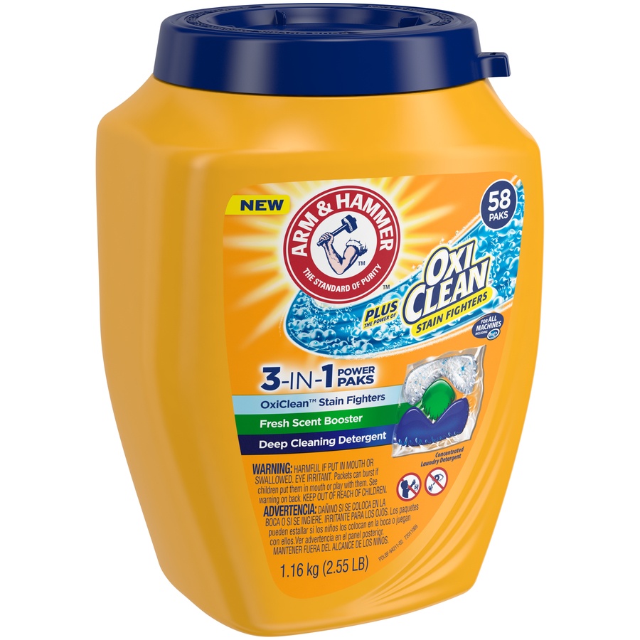 slide 2 of 4, ARM & HAMMER Oxi Clean Stain Fighters Fresh Scent 3 in 1 Power Paks Deep Cleansing Laundry Detergent, 58 ct