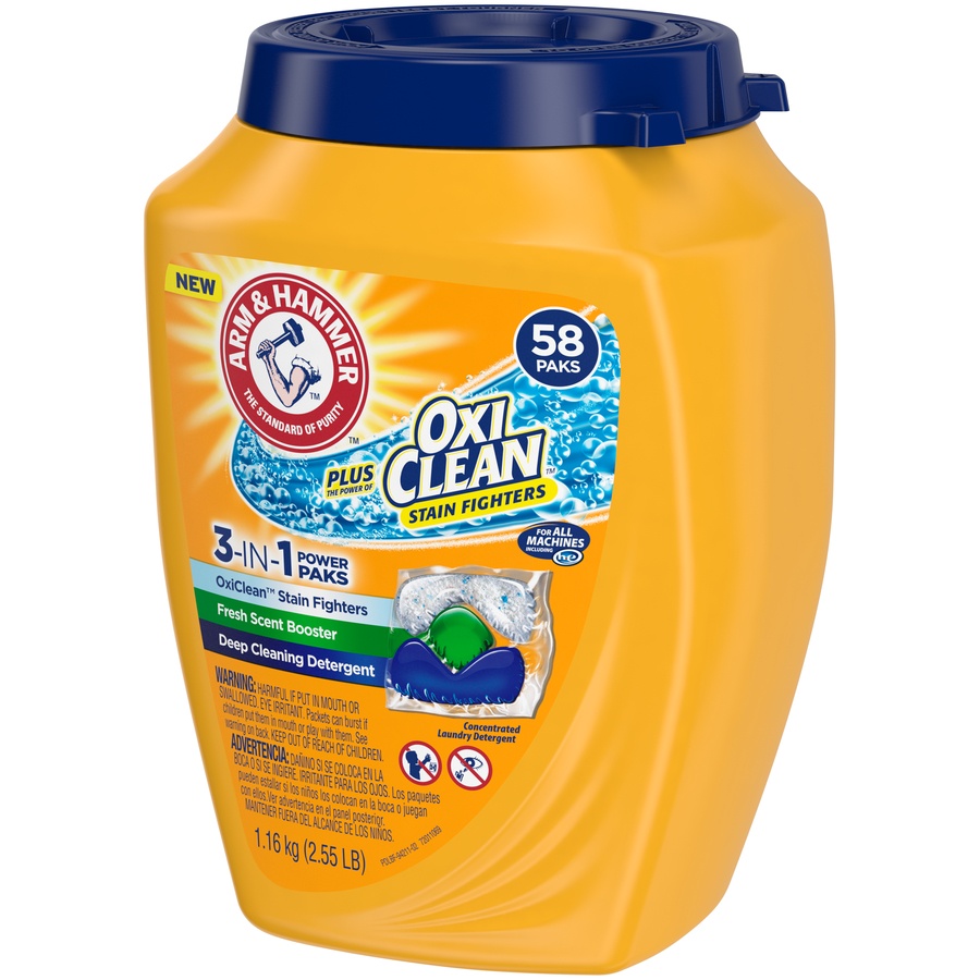 slide 3 of 4, ARM & HAMMER Oxi Clean Stain Fighters Fresh Scent 3 in 1 Power Paks Deep Cleansing Laundry Detergent, 58 ct