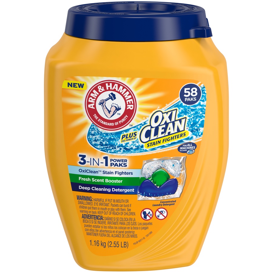 slide 1 of 4, ARM & HAMMER Oxi Clean Stain Fighters Fresh Scent 3 in 1 Power Paks Deep Cleansing Laundry Detergent, 58 ct