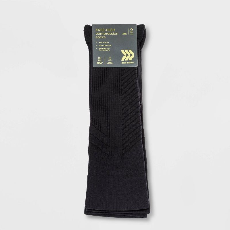 slide 2 of 3, Men's Compression Over The Calf Socks 2pk - All In Motion™ Black 6-12: Arch Support, Cushioned Heel & Toe, 2 ct