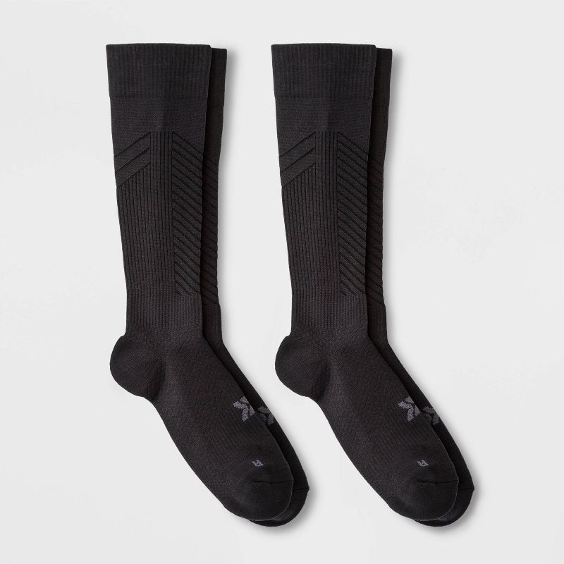 slide 1 of 3, Men's Compression Over The Calf Socks 2pk - All In Motion™ Black 6-12: Arch Support, Cushioned Heel & Toe, 2 ct