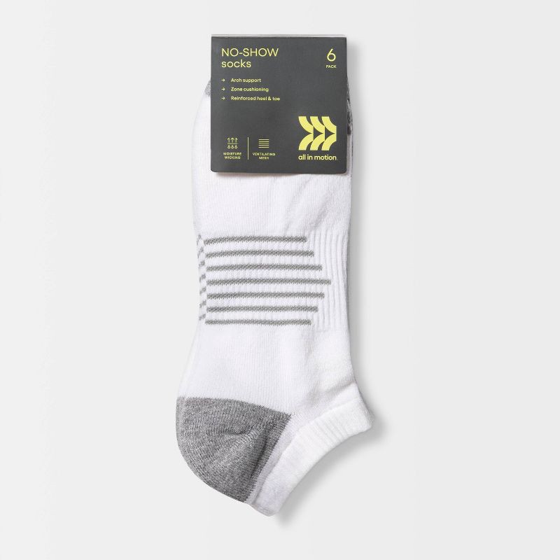 slide 2 of 3, Men's Active No Show Socks 6pk - All In Motion™ White 12-15: Arch Support, Cushioned Heel, Midweight Knit, Machine Wash, 6 ct